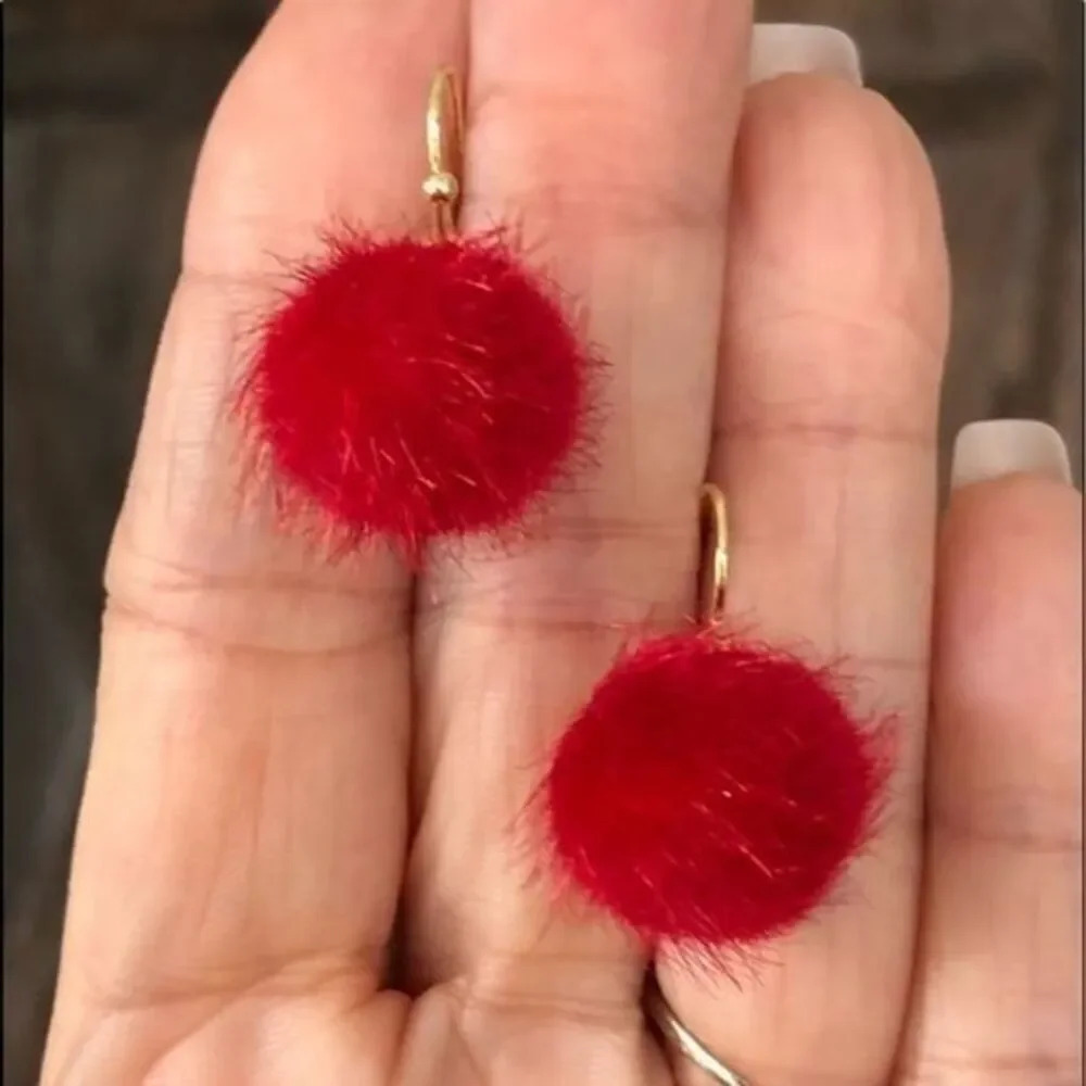 Red Fuzzy Furry Pom Pom Drop Earrings NWT